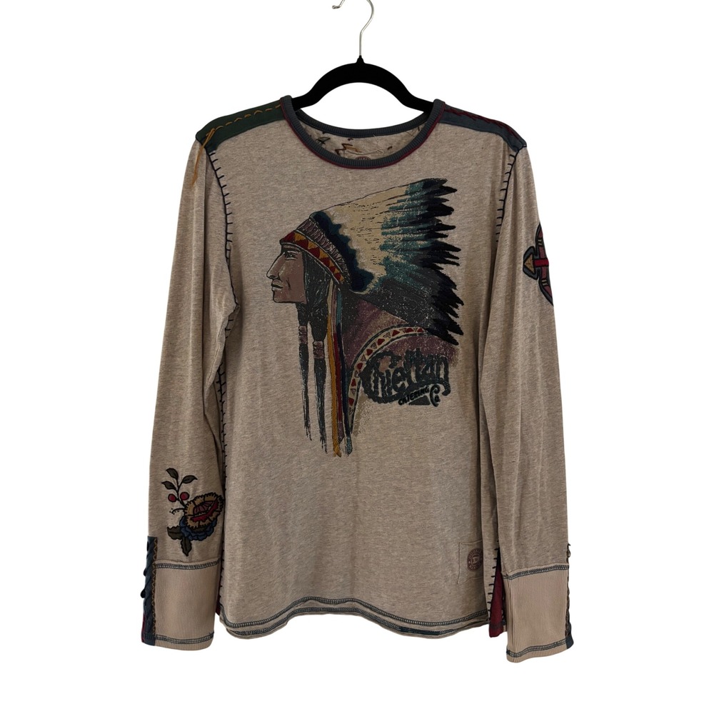 Double D Ranchwear Chieftain Graphic Embroidery Long Sleeve Tee Tan Large